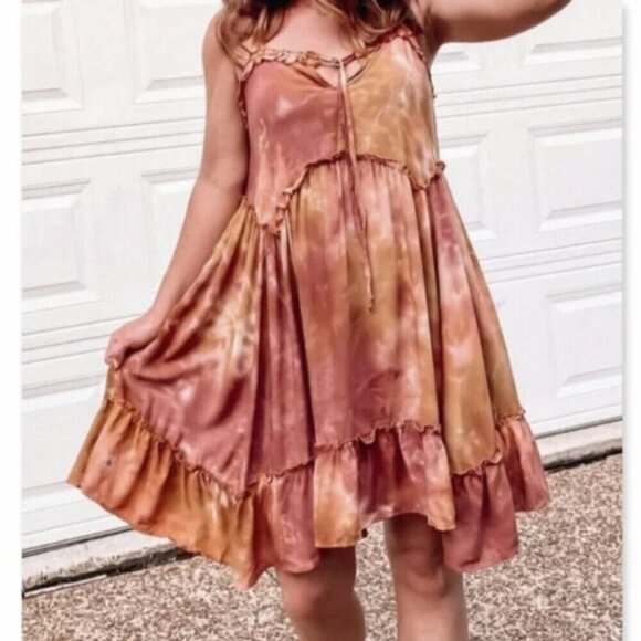 WILD FABLE Mauve Pink Orange Tie Dye Sleeveless Boho Mini Swing Babydoll Dress - Picture 3 of 14